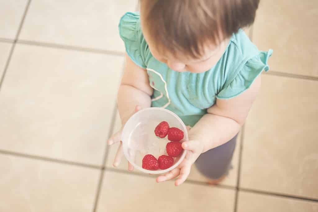 Dítě nese misku s jogurtem a malinami.